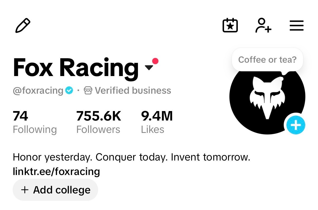 Fox Racing’s verified TikTok profile showing 755.6K followers and 9.4M likes