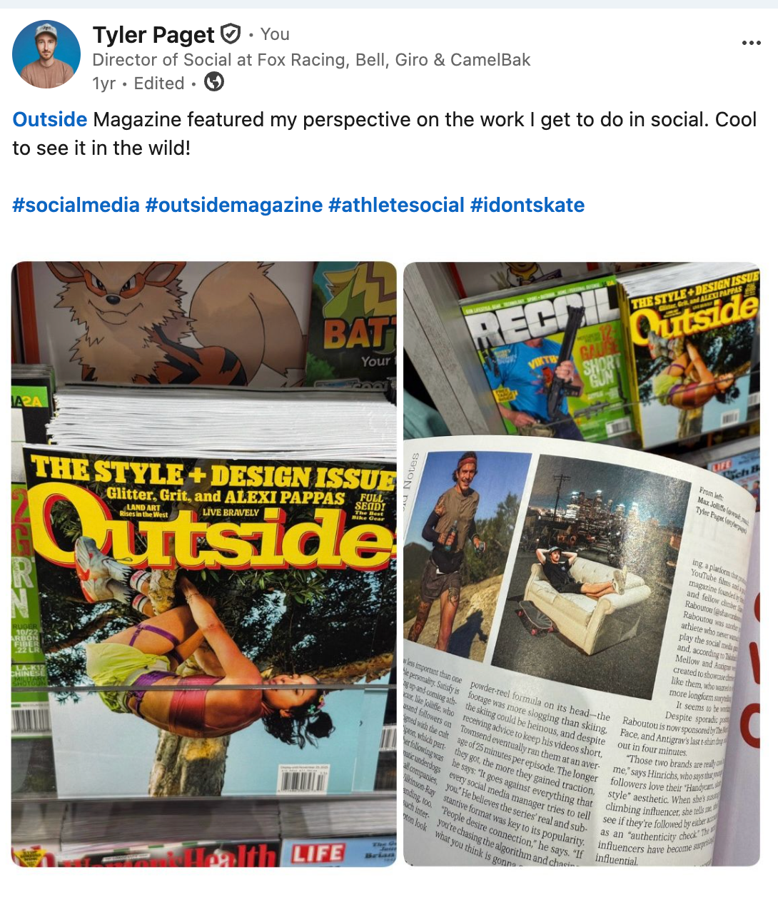 Outside’s Style and Design Issue and an open magazine spread featuring Tyler Paget